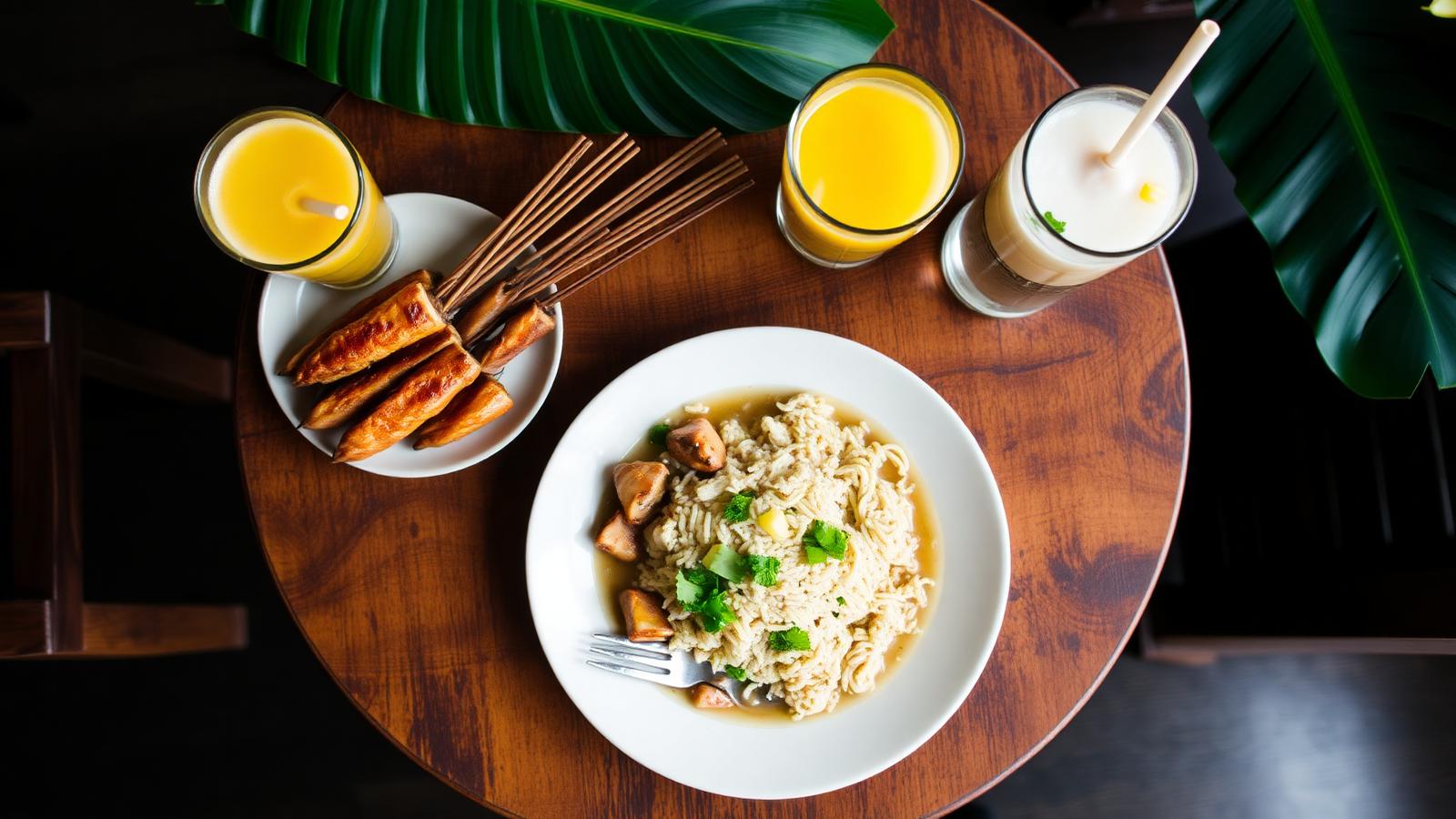 Balinese warung meal of nasi campur and satay